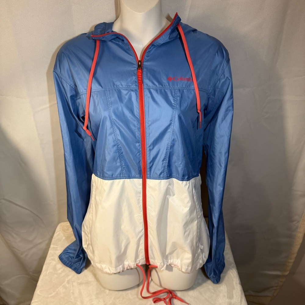 Columbia Women’s Small Blue White Colorblock Hooded Windbreaker Jacket